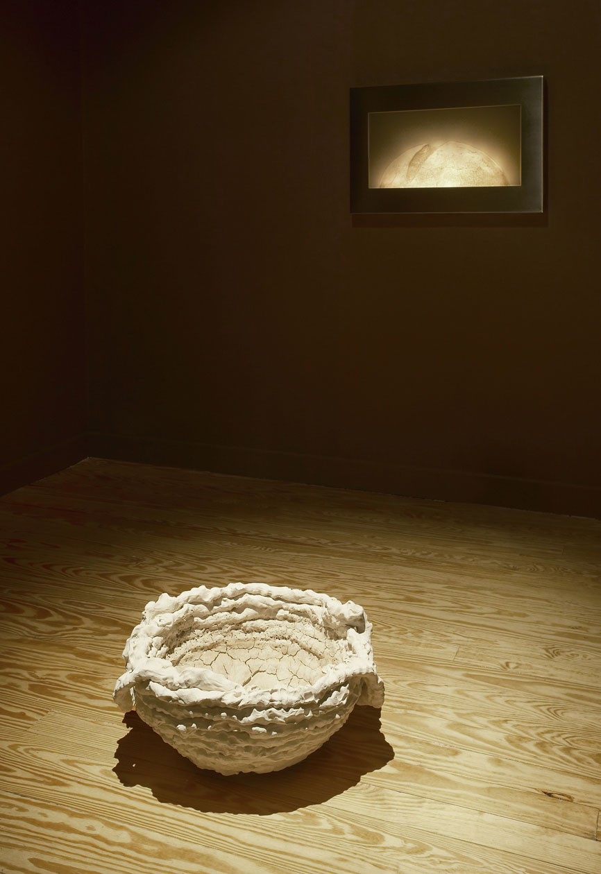 <p>Inscape_2011, (in foreground) 26&#215;56 cm, diameter white clay, sourdough crust coats, Interior_2011, (on wall) 50x76x5 cm, corian lithophane, steel frame, light electronics</p>
