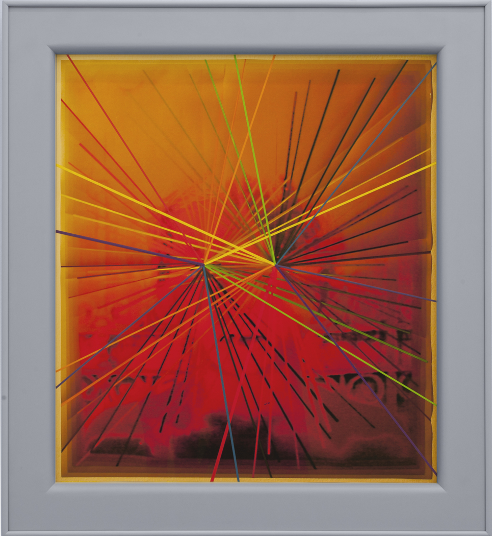 <p>Laura&#8217;s brother at the other end of the rainbow_2011, 104.5x95x5 cm, image is cut, taped with colored tape and rephotographed seven times, wood, glass  </p>

