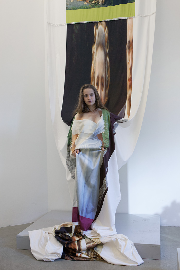 <p>Doing life: D/Innertime (2012), cotton printed with artist&#8217;s image performed by artist&#8217;s daughter, Laura, Galleria Kaufmann Repetto</p>

