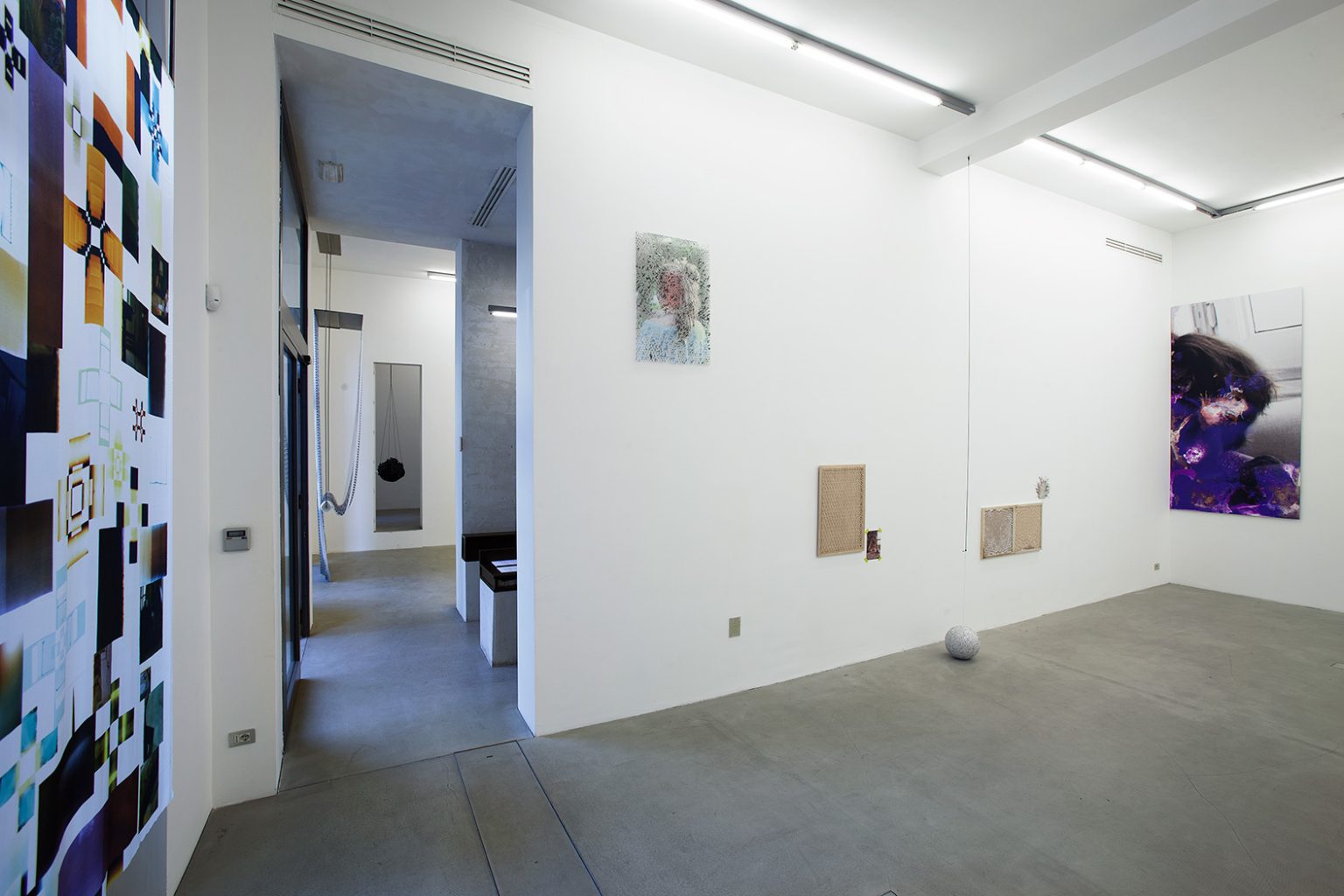 General view ofDoing life installation main exhibition space 2 on left: By way of controlling uncontrollable forces, 2012, Printed silk (thanks to Miroglio Textile)