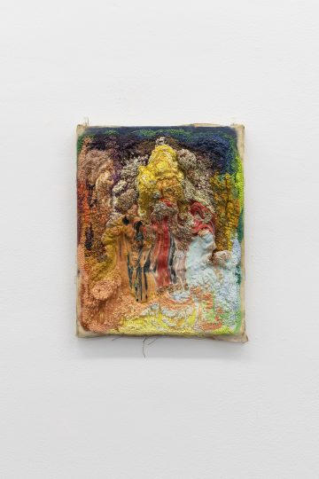 Meshwork (magma), oil paint and marble dust in needlepoint mesh, 32 x 24 cm