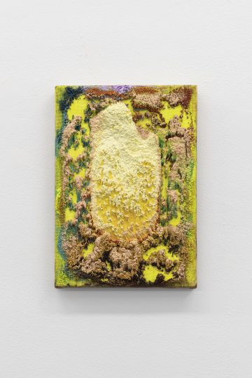 Mesh (yellow ground), acrylic paint in needlepoint mesh, 20 x 30 cm