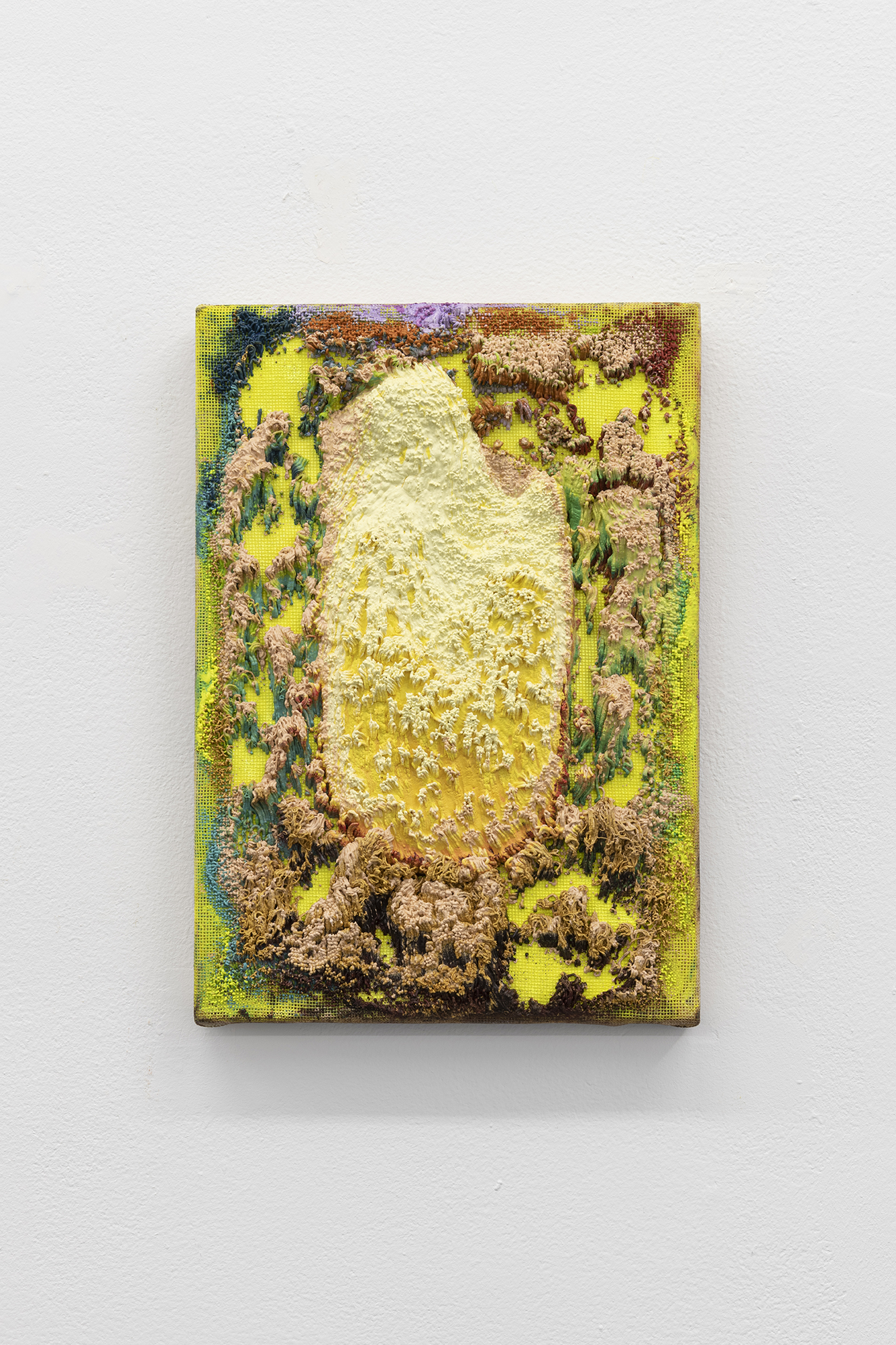 <p>Mesh (yellow ground), acrylic paint in needlepoint mesh, 20 x 30 cm</p>
