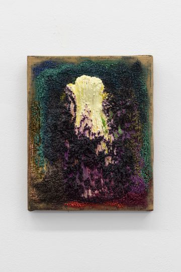 Meshwork (source), oil paint and marble dust in needlepoint mesh, 25 x 20 cm 