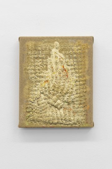 Meshwork (flame), oil paint, marble dust, gold pigment in needlepoint mesh, 23 x 30 cm