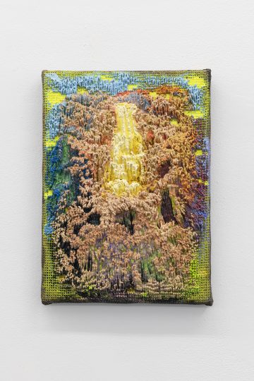 Meshwork (landscape), acrylic paint in needlepoint mesh, 32,5 x 24 cm