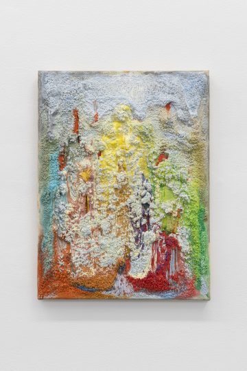 Meshwork (falling sky), oil paint and marble dust in needlepoint mesh, 40 x 30 cm