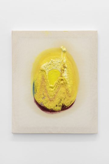 Meshwork (womb), acrylic, oil paint and marble dust in needlepoint mesh, 60 x 50 cm 