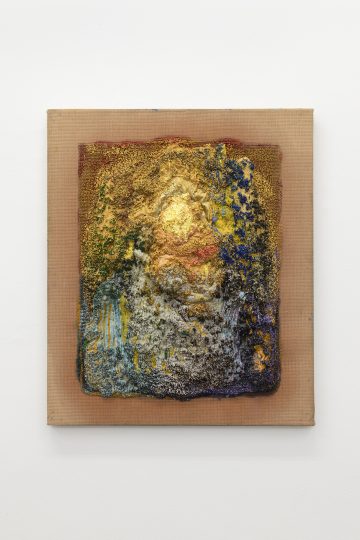 Meshwork (deep), oil paint and marble dust in needlepoint mesh, 65 x 55 cm 