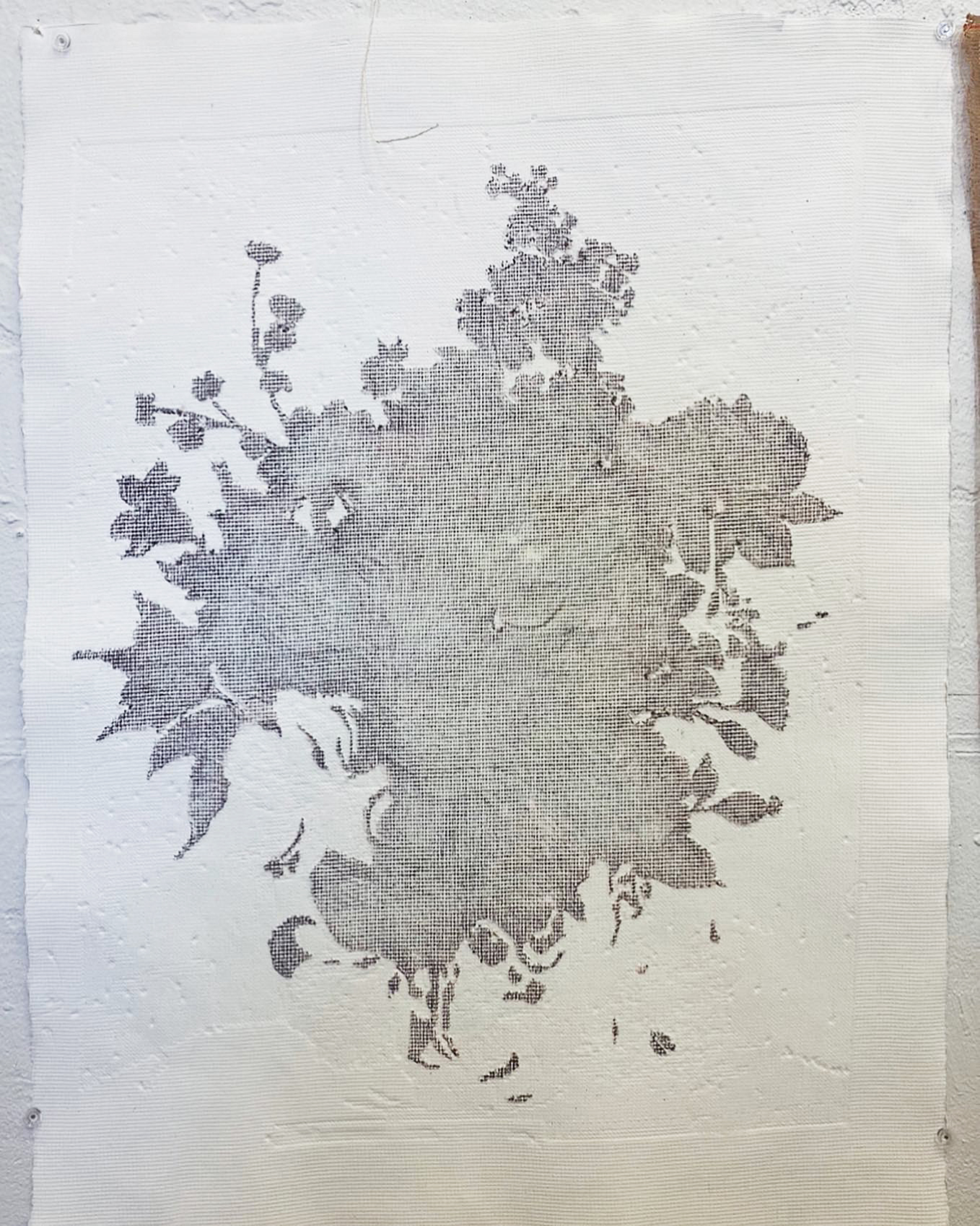 <p>Print of unfinished/unstitched area of flower needlepoint (see image 3), 2024, watercolor pastel printed on paper, 80x60cm</p>
