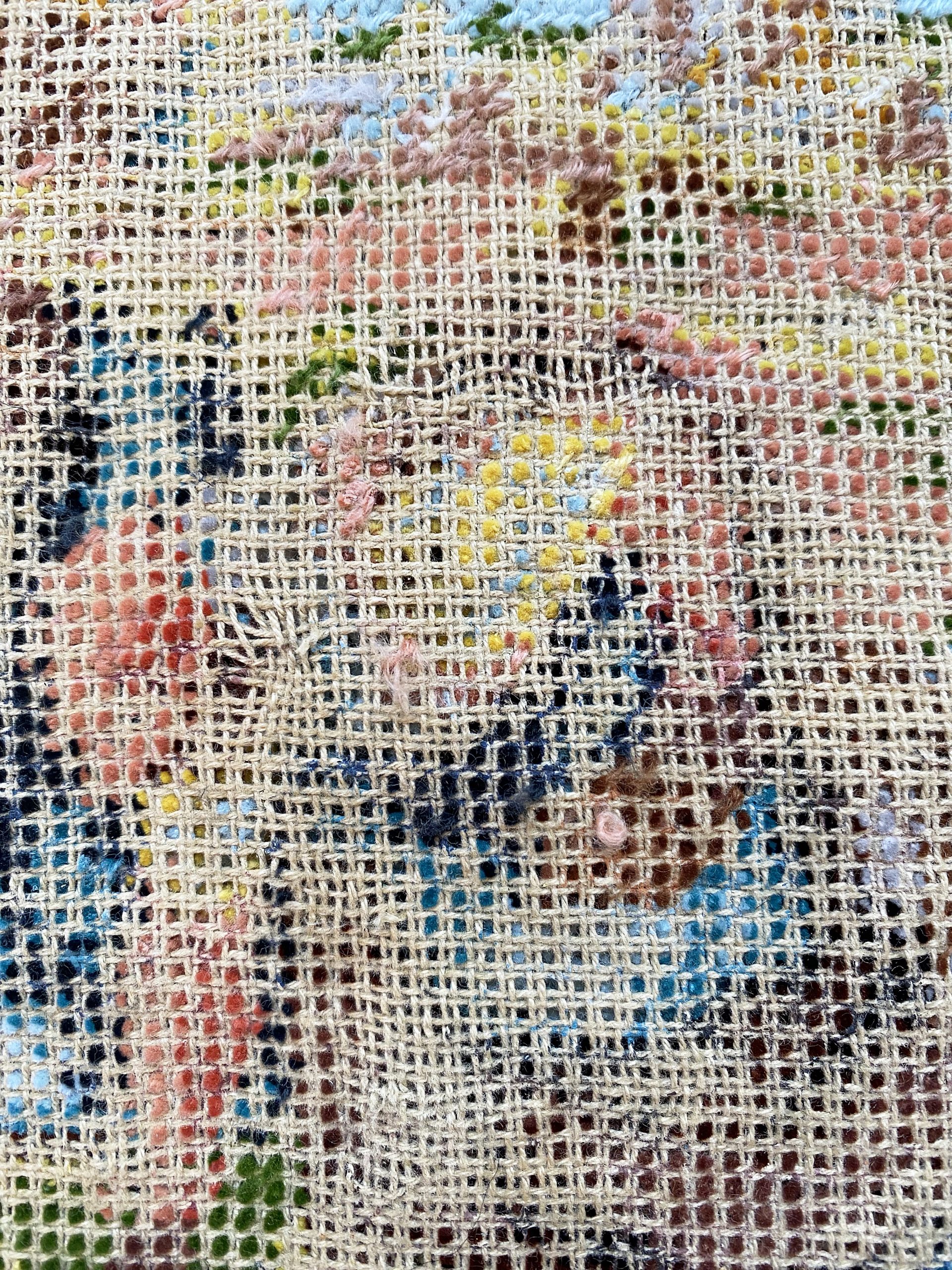 <p>Detail of found, vintage needlepoint with surface ground down to the mesh, 2024, 20 x 30cm</p>
