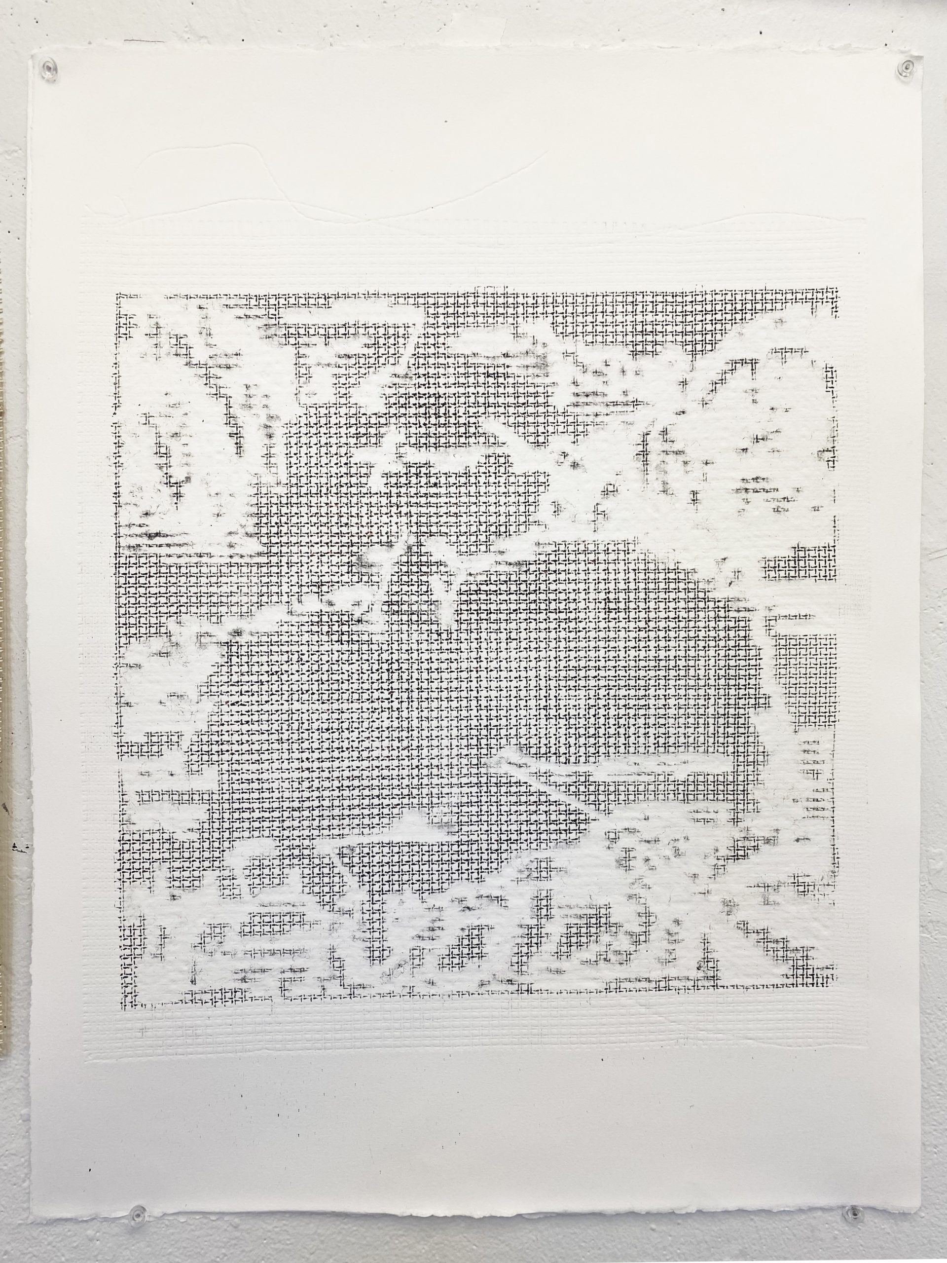 <p>Print of unfinished/unstitched area of a flamingo needlepoint, 2024, watercolor pastel printed on paper, 70x45cm</p>
