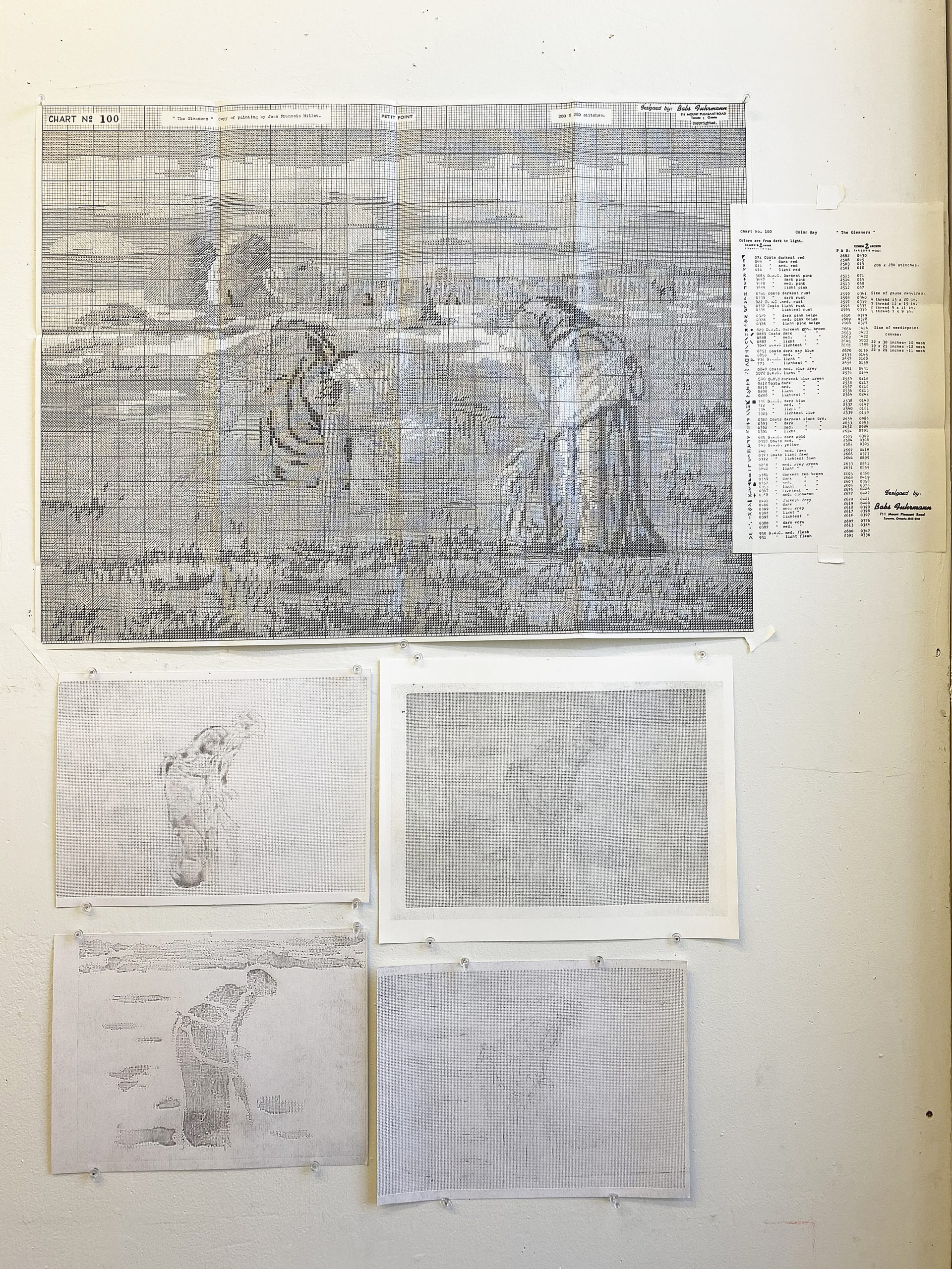 <p>Found 50&#8217;s stitch-counting chart and legend; experimental carbon transfer prints</p>
