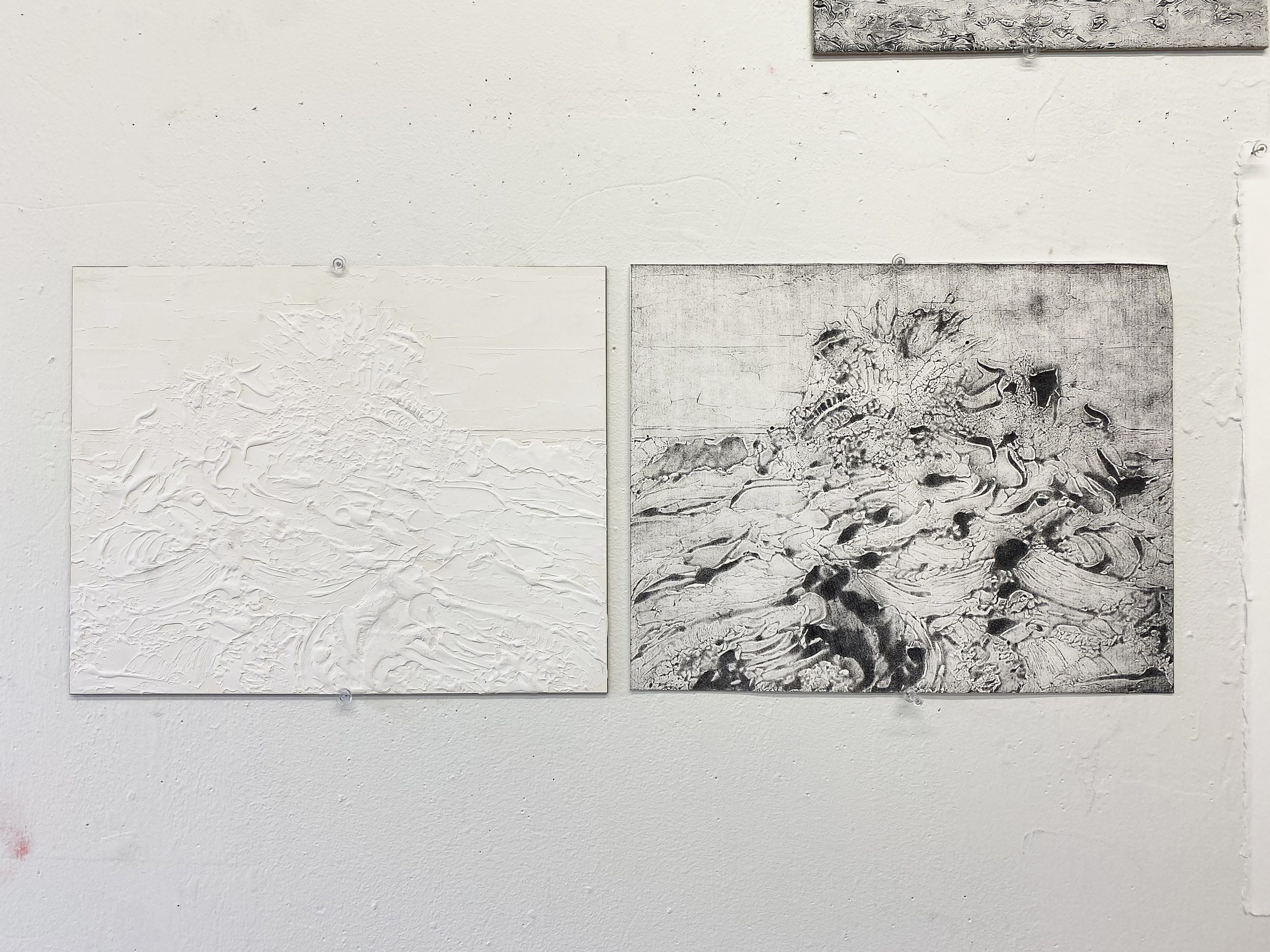 <p>In-process phase of Bone Dry 5 showing white acrylic painting (matrix) and carbon paper transfer print, 2024, 11 x 14&#8243;</p>
