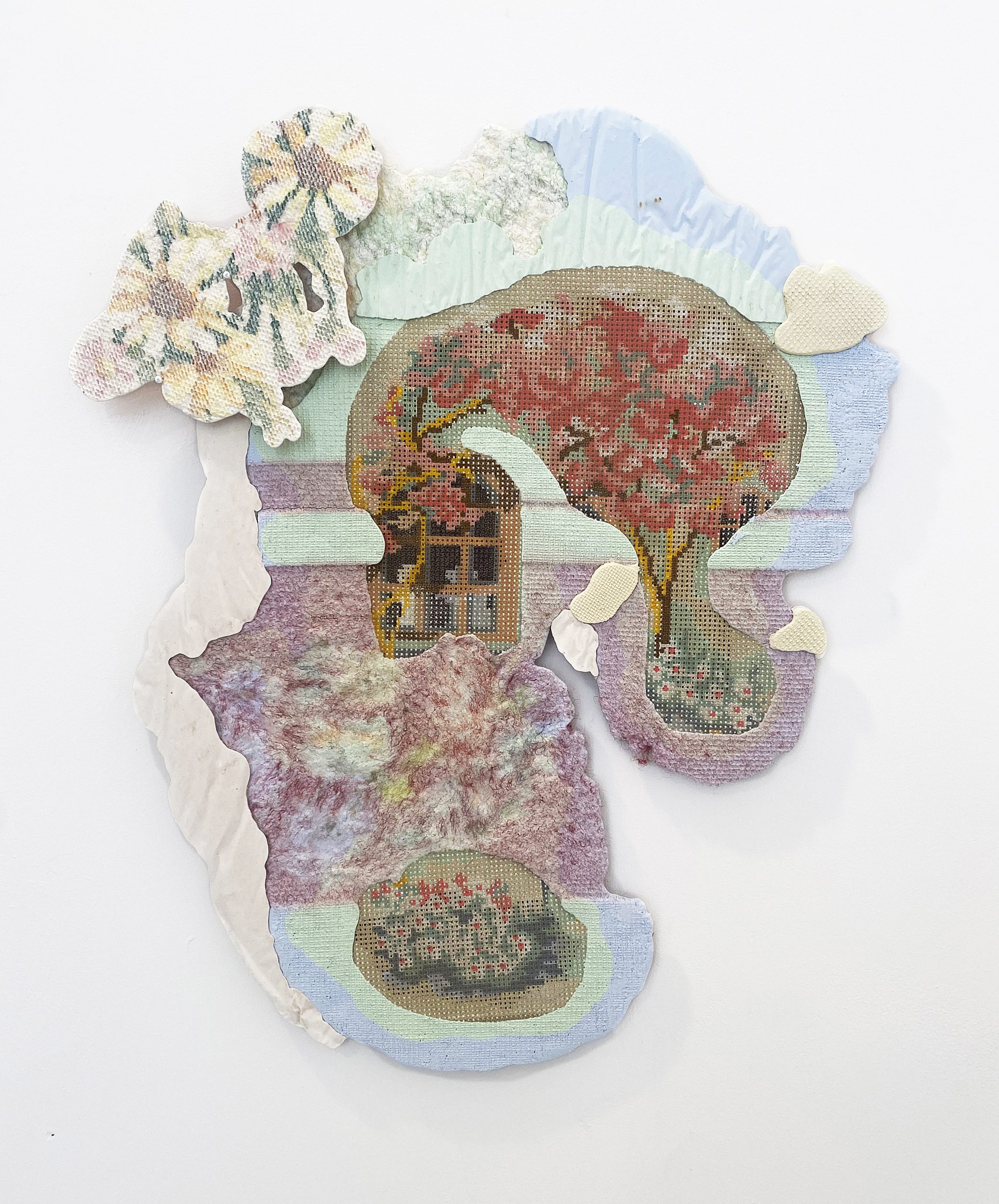 <p>Pastoral Extraction (2025), Found needlepoint printed on resin, mesh, and pigment</p>
