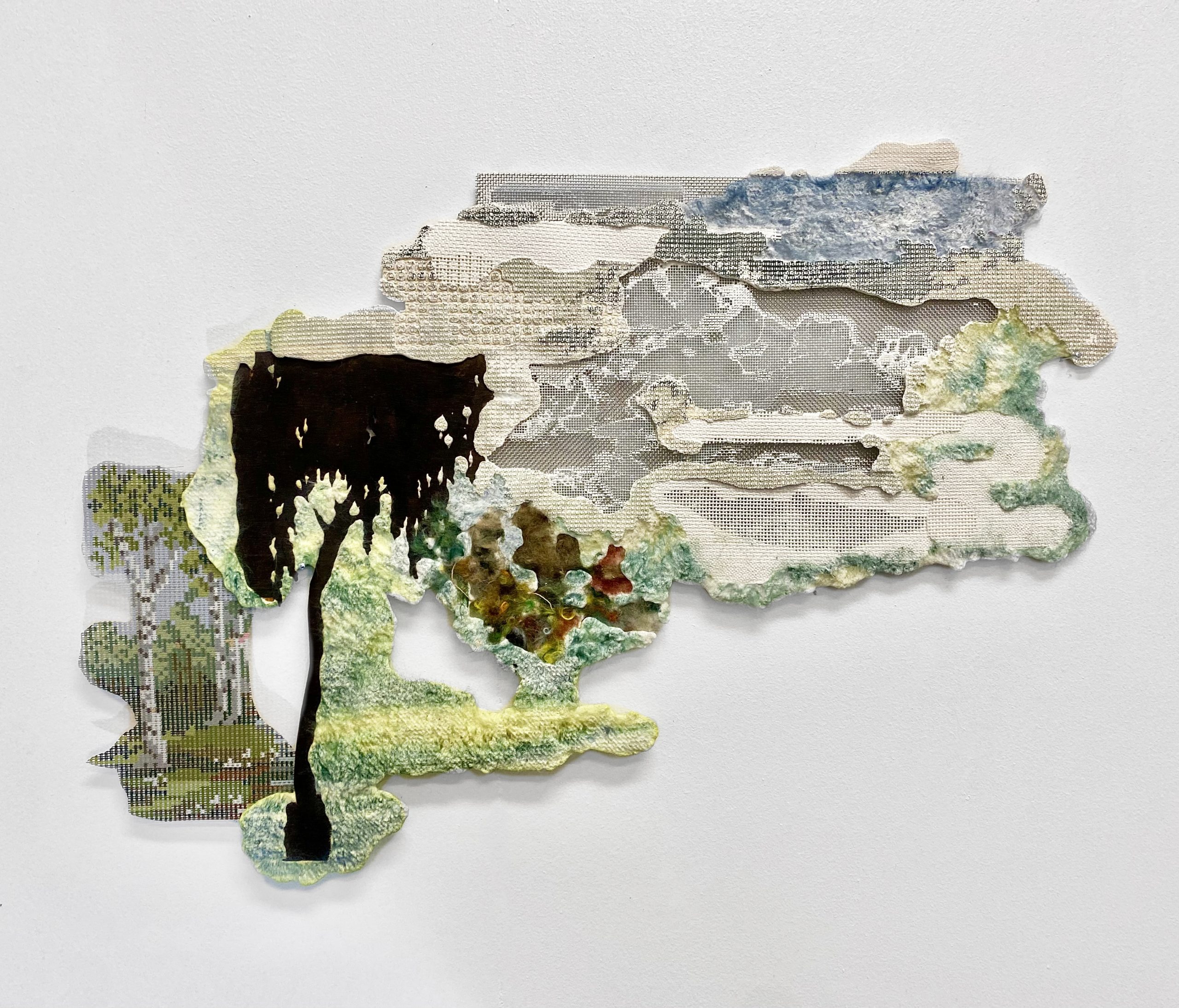 <p>Pastoral Extraction with Black Tree, 30x45cm, Found needlepoint printed on resin, wire mesh, wool, cut needlepoint canvas</p>