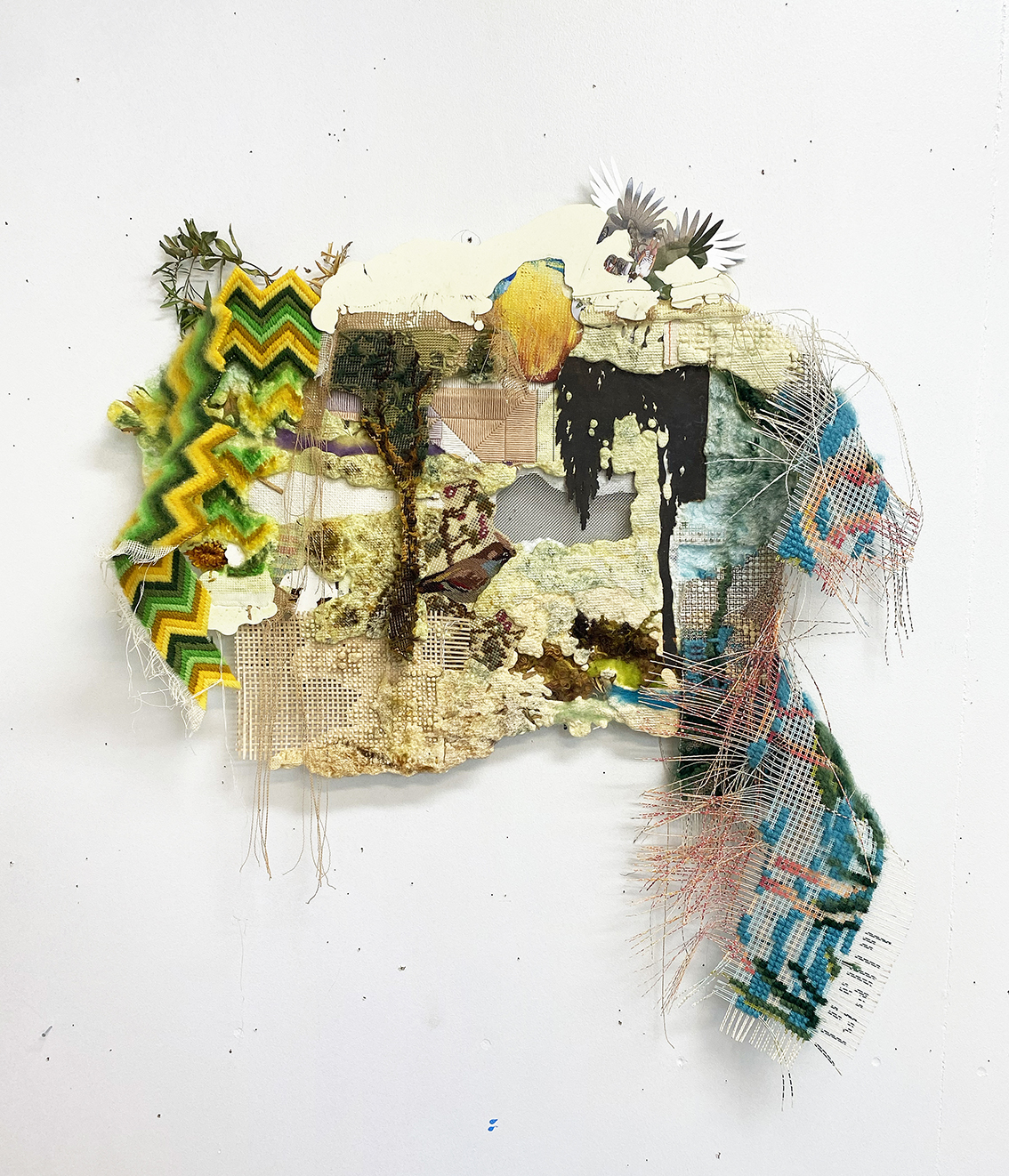 <p>Afterfield (2025), 75x65cm, vintage needlepoint surface transfer onto resin, vintage needlepoint, paint, mesh, other mixed media materials</p>
