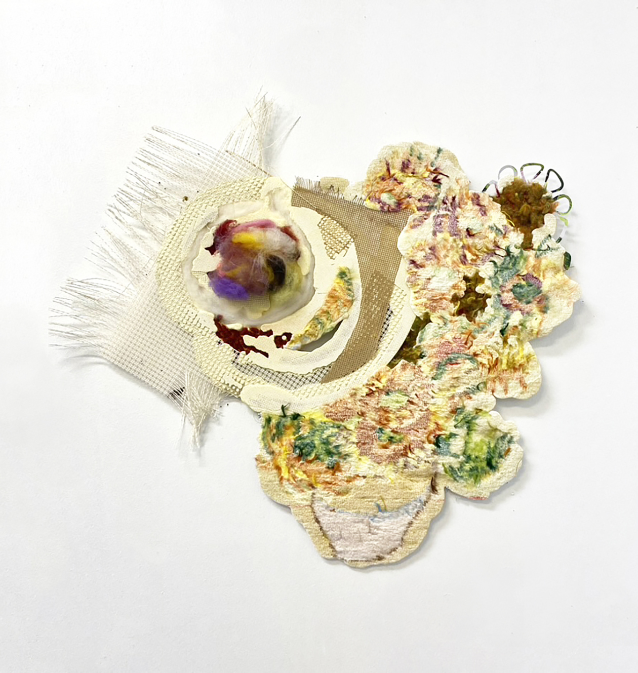 <p>Peripheral Drift (2025), 60x60cm,  Vintage needlepoint surface transfer onto resin, unstitched needlepoint meshes, wool, cutout photo print</p>
