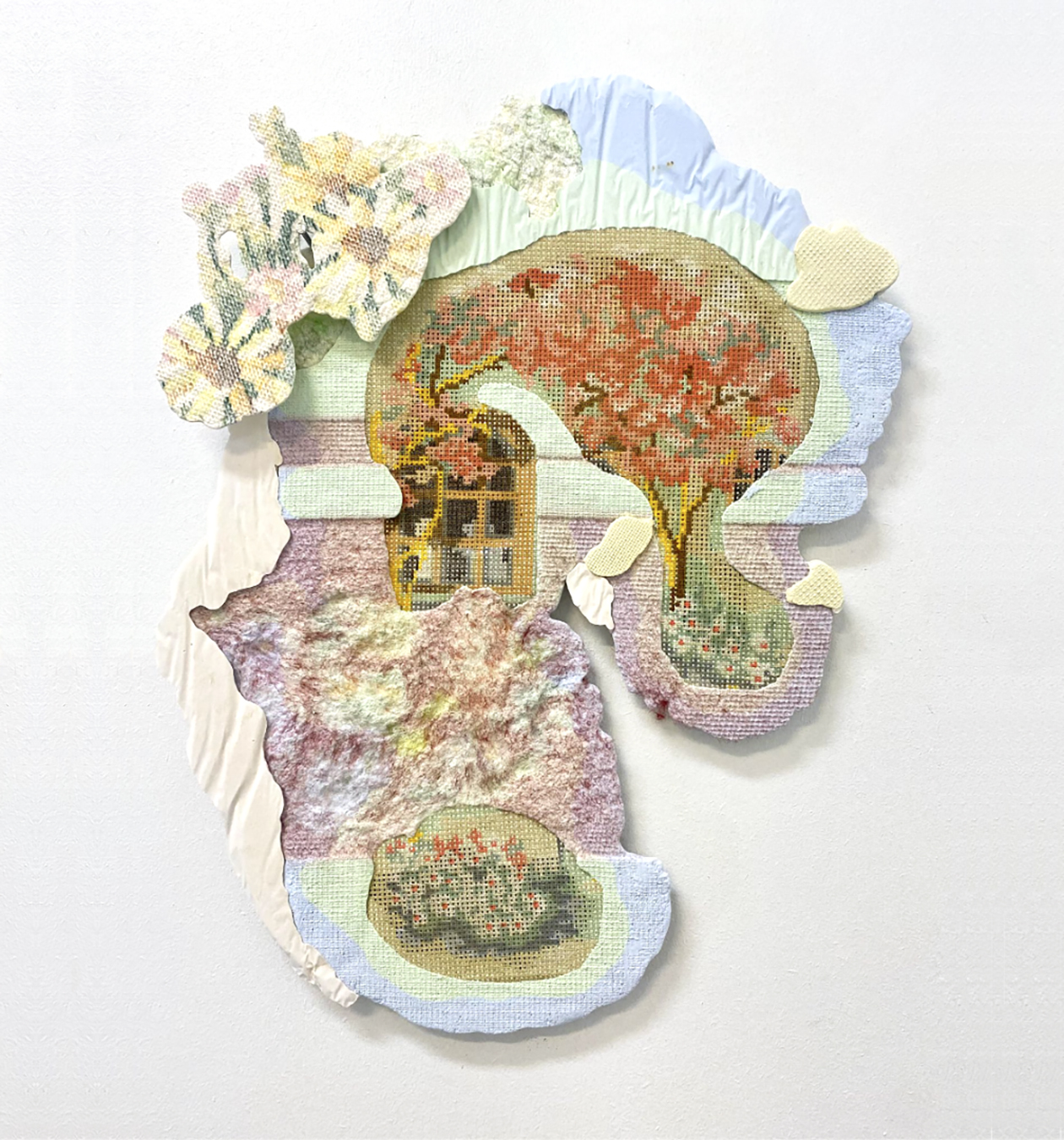 <p>Pastoral Extraction (2025), 50x40cm, Vintage needlepoint surface transfer onto resin, unstitched vintage needlepoint mesh</p>
