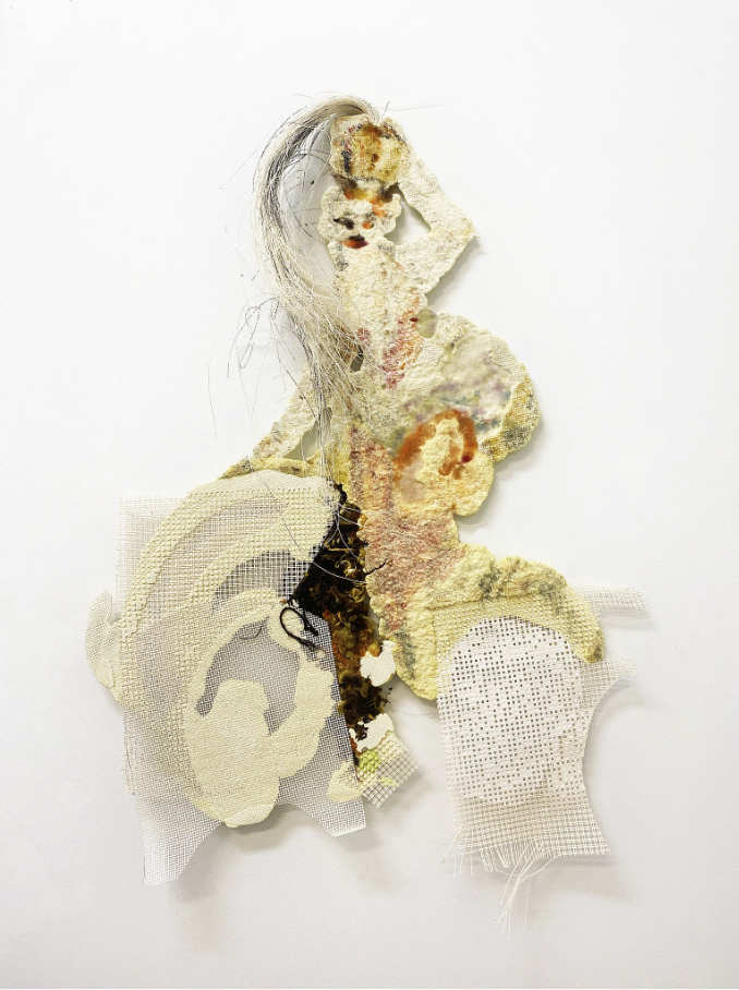 <p>Afterfield (water carrier)(2025), vintage needlepoint transfer on resin, mesh, cotton thread, wool, 80x45m</p>
