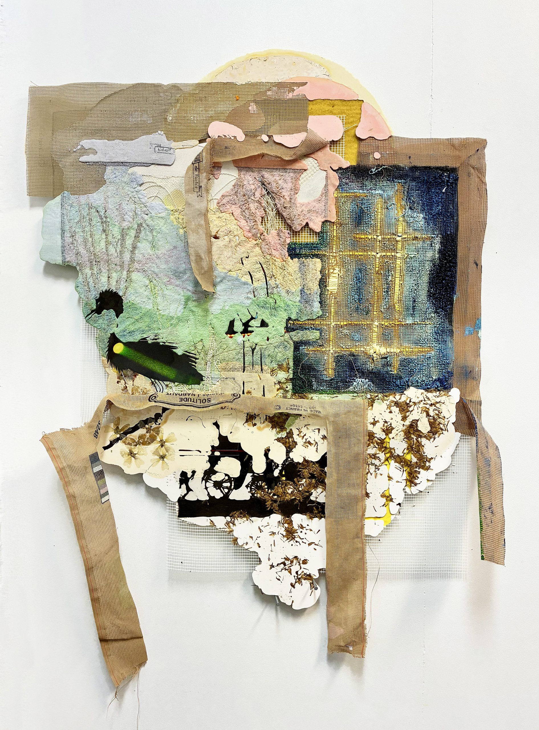<p>Afterfield(failed interfaces)(2026), 97x77cm, resin, vintage needlepoint, printed needlepoint, found objects, oil paint in mesh, cut-out photographs, pressed flowers, seeds, various meshes</p>
