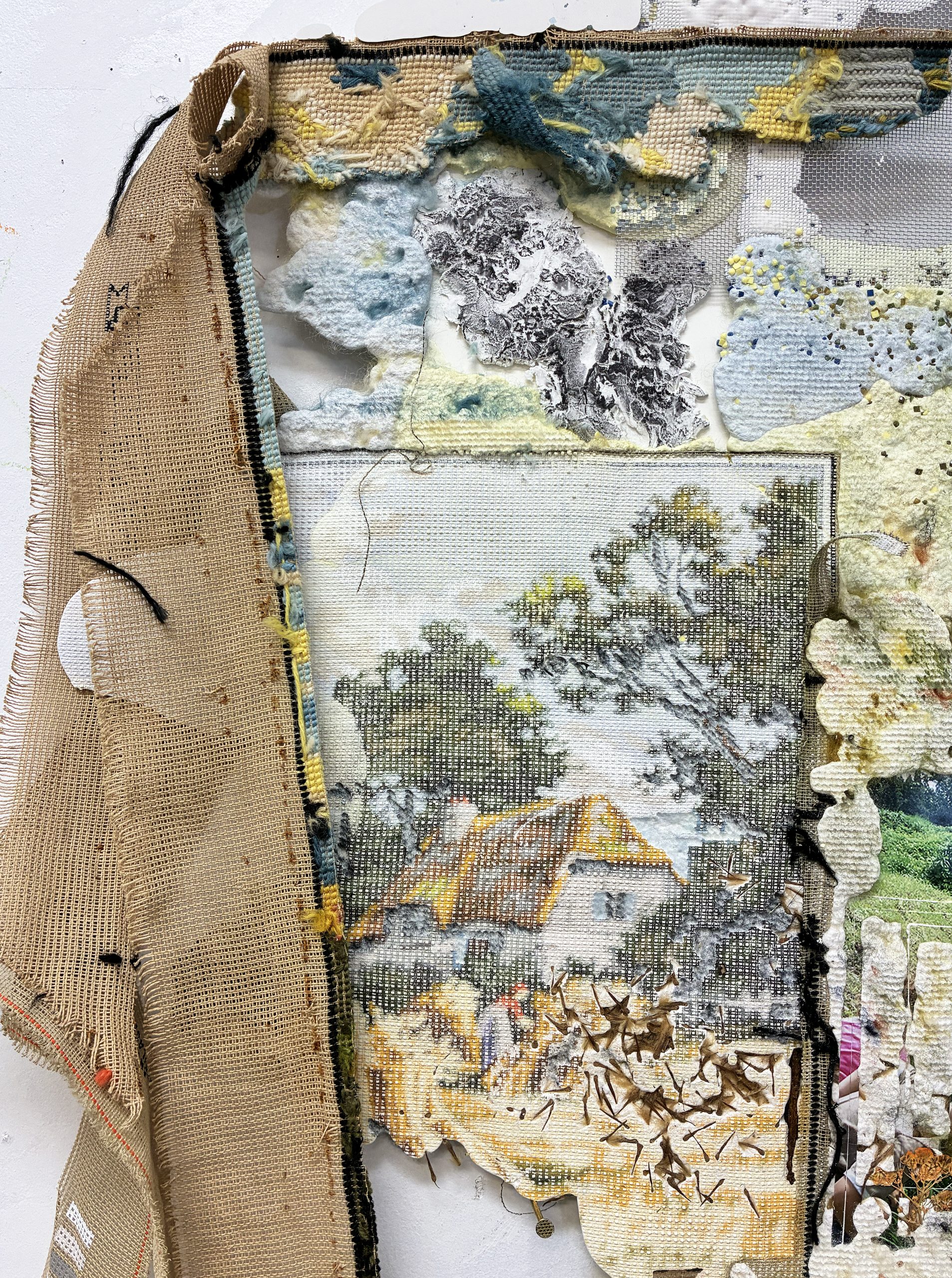 <p>Detail_Holding Patterns(Afterstate)(2026), 100x65cm, resin, needlepoint, vintage needlepoint surface transfer onto resin, vintage needlepoint, wool, seeds, metal mesh, linen mesh, cut-out photograph, other mixed media materials</p>
