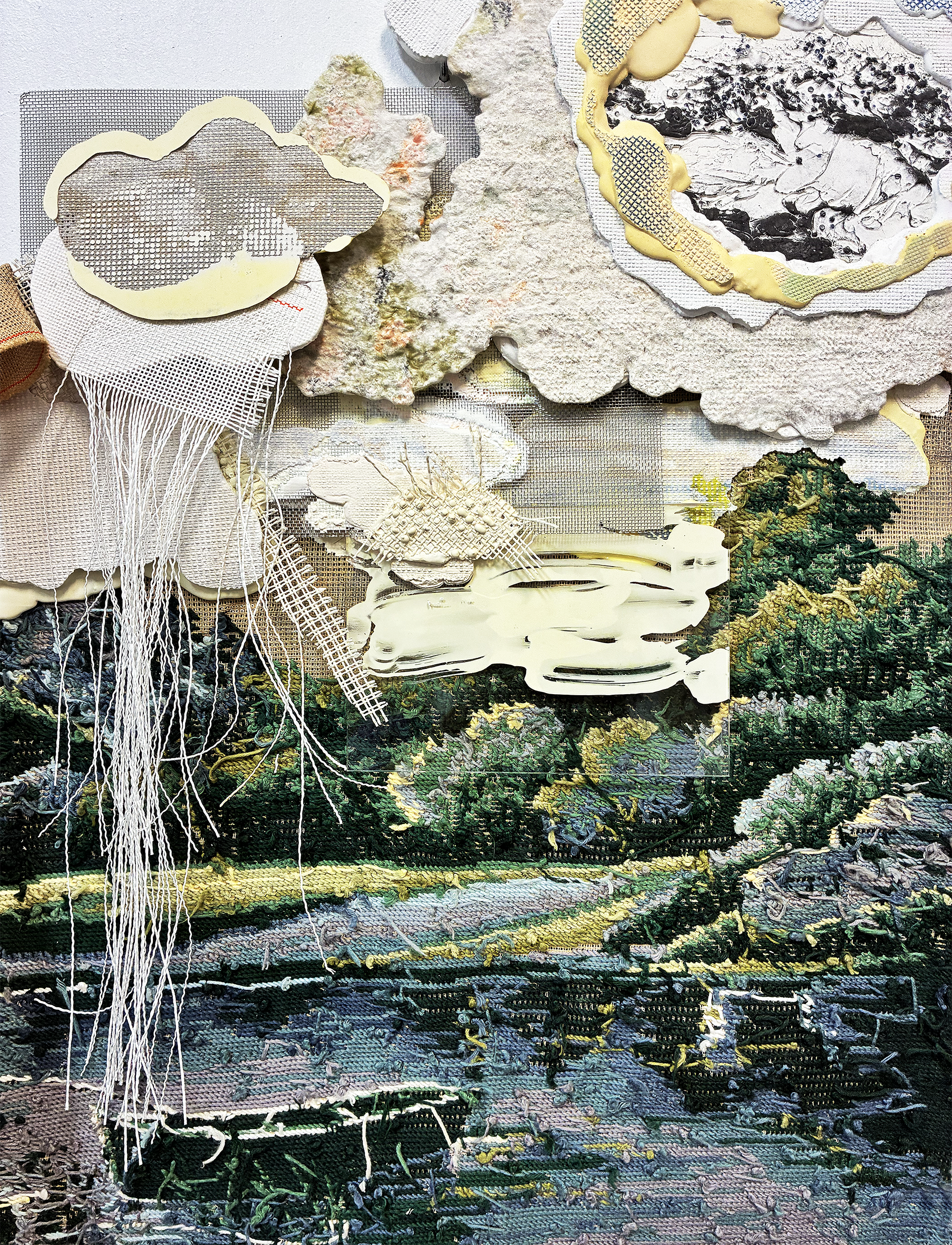 <p>Holding Patterns(Afterdrift)(2026), detail_ 135(with tail)x65cm, resin, needlepoint, vintage needlepoint surface transfer onto resin, vintage needlepoint, metal mesh, linen meshes,carbon transfer on painting, plexiglass, other mixed media materials</p>
