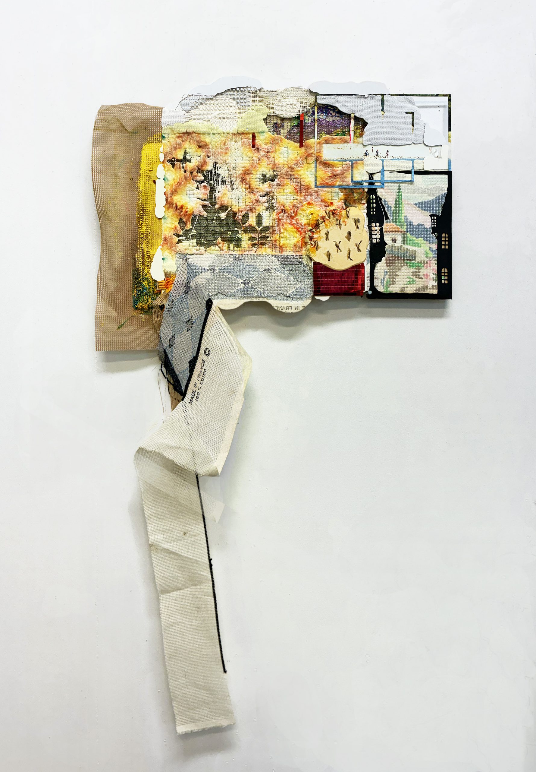 <p>Holding Patterns(Aftermath)(2026), 90x50cm, resin, needlepoint, vintage needlepoint surface transfer onto resin, vintage needlepoint, wool, oil paint, mesh,  other mixed media materials</p>
