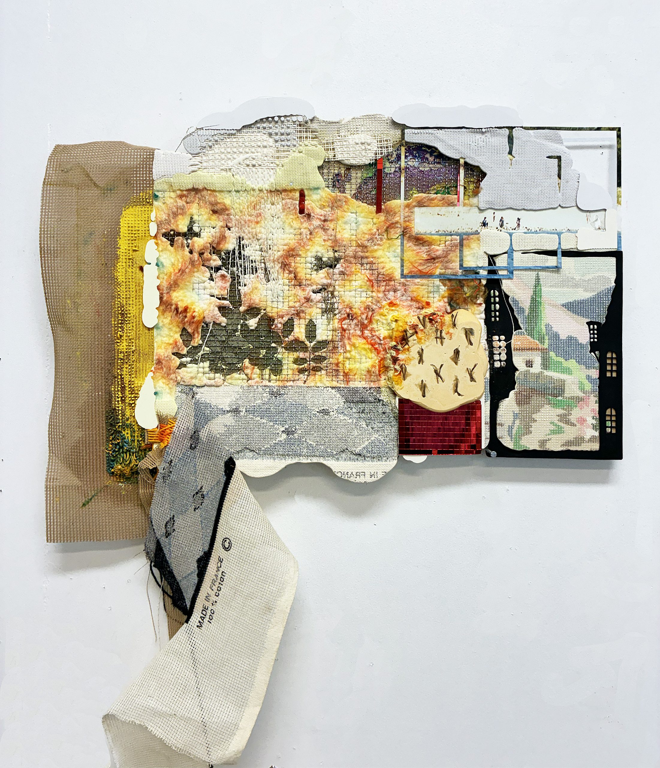 <p>Holding Patterns(Aftermath)(2026), 90x50cm, resin, needlepoint, vintage needlepoint surface transfer onto resin, vintage needlepoint, wool, oil paint, mesh,  other mixed media materials</p>
